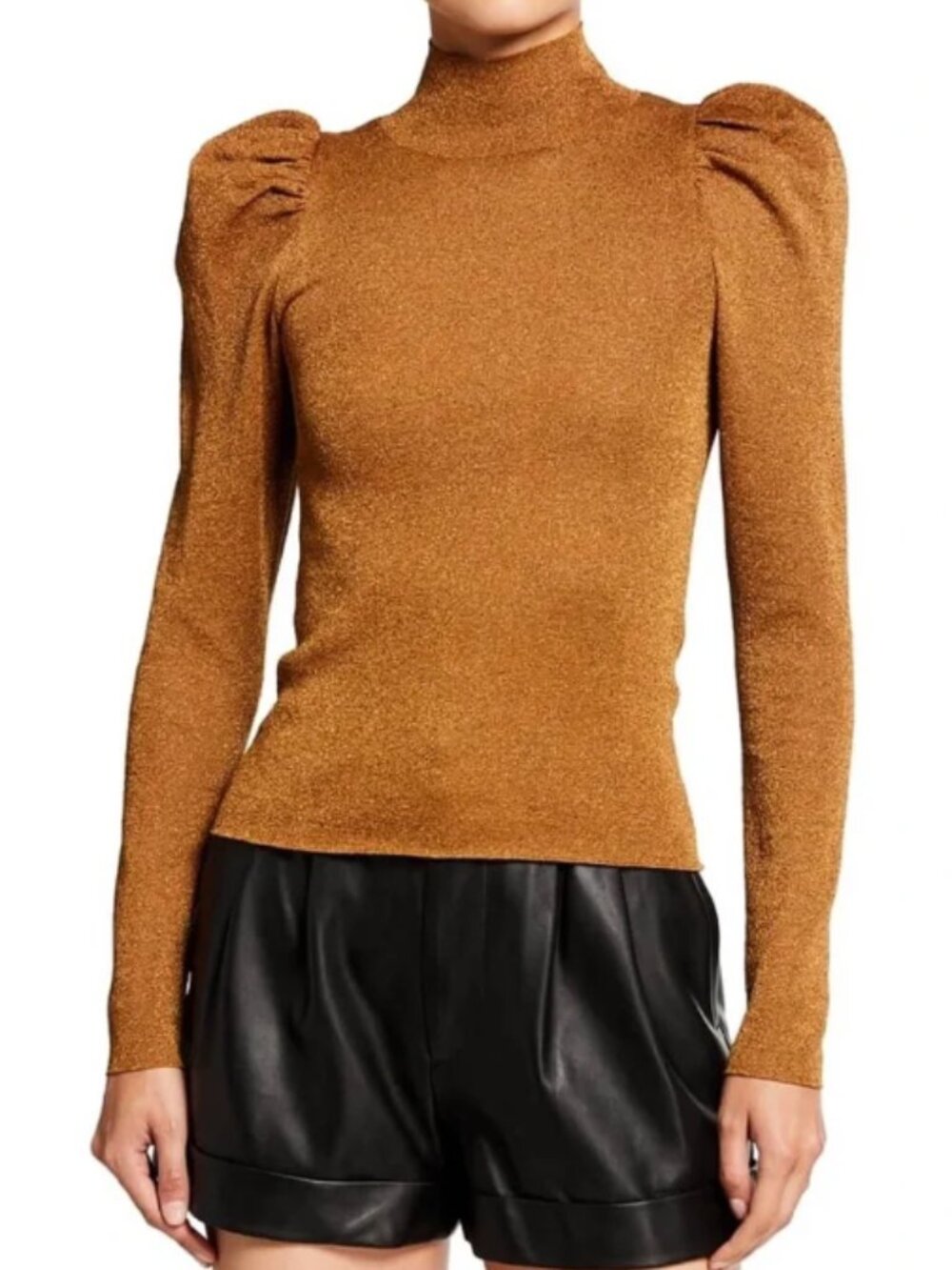 NWT Alice + Olivia Issa Metallic Puff Sleeve Turtleneck in Camel Large